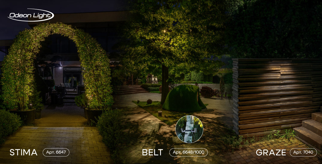 Ландшафтные светильники Odeon Light в реальной среде в ночное время